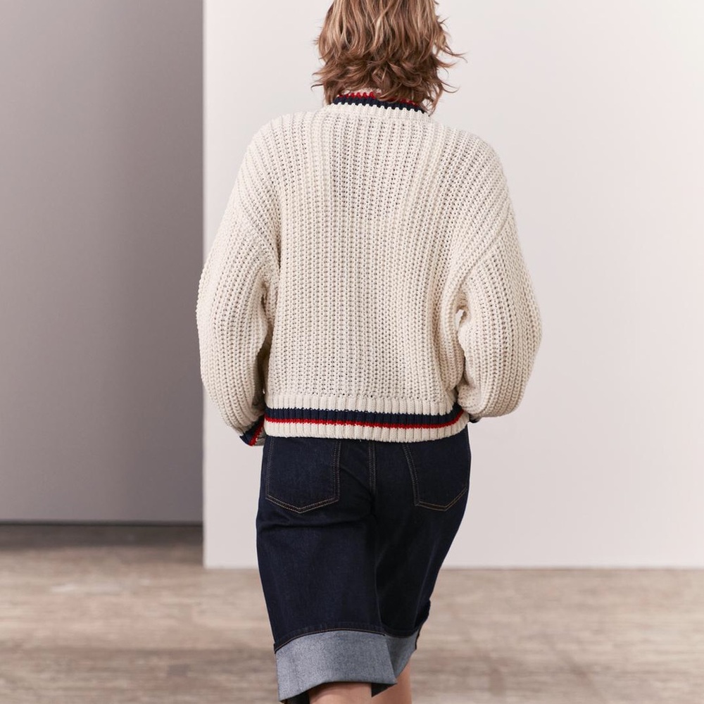 🔥 FINAL SALE $35 Zara Varsity Collegiate Chunky Loop Knit Cream Cardigan Sweater - Picture 15 of 15